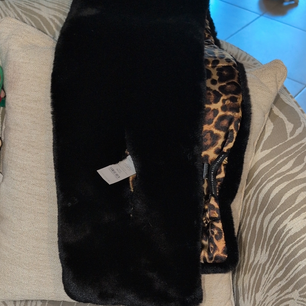 White House Black Market Black Fur Scarf with Animal Print Lining